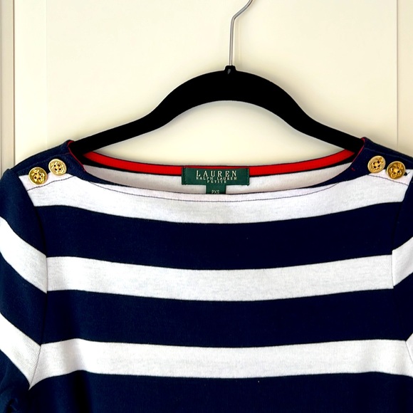 RALPH LAUREN. Women’s. PETITE XS. 100% cotton.  Blue and white stripe, w red. - Picture 4 of 7